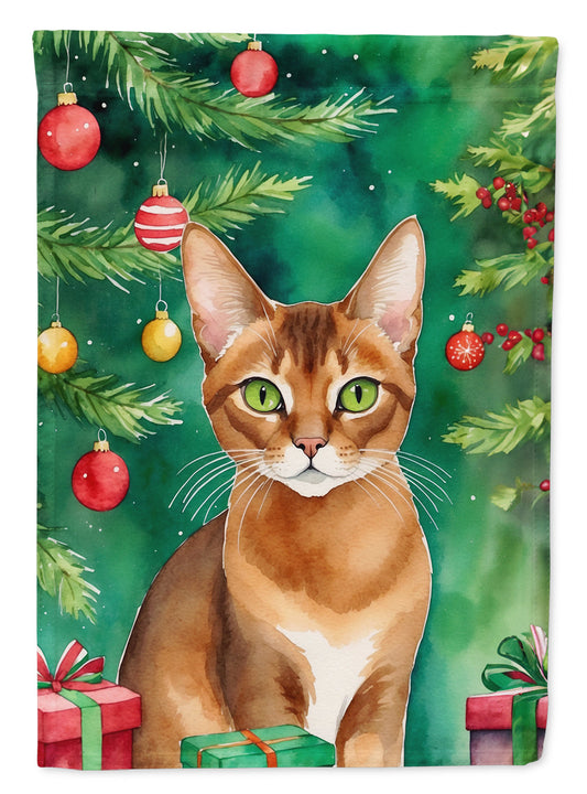 Abyssinian Christmas Garden Flag - Cat by the Christmas Tree - Cat-Themed Holiday Yard Decor