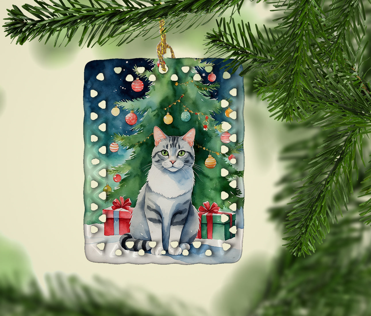 Aegean Cat By the Christmas Tree Porcelain Ornament