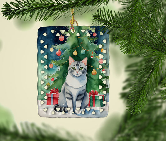 Aegean Cat By the Christmas Tree Porcelain Ornament