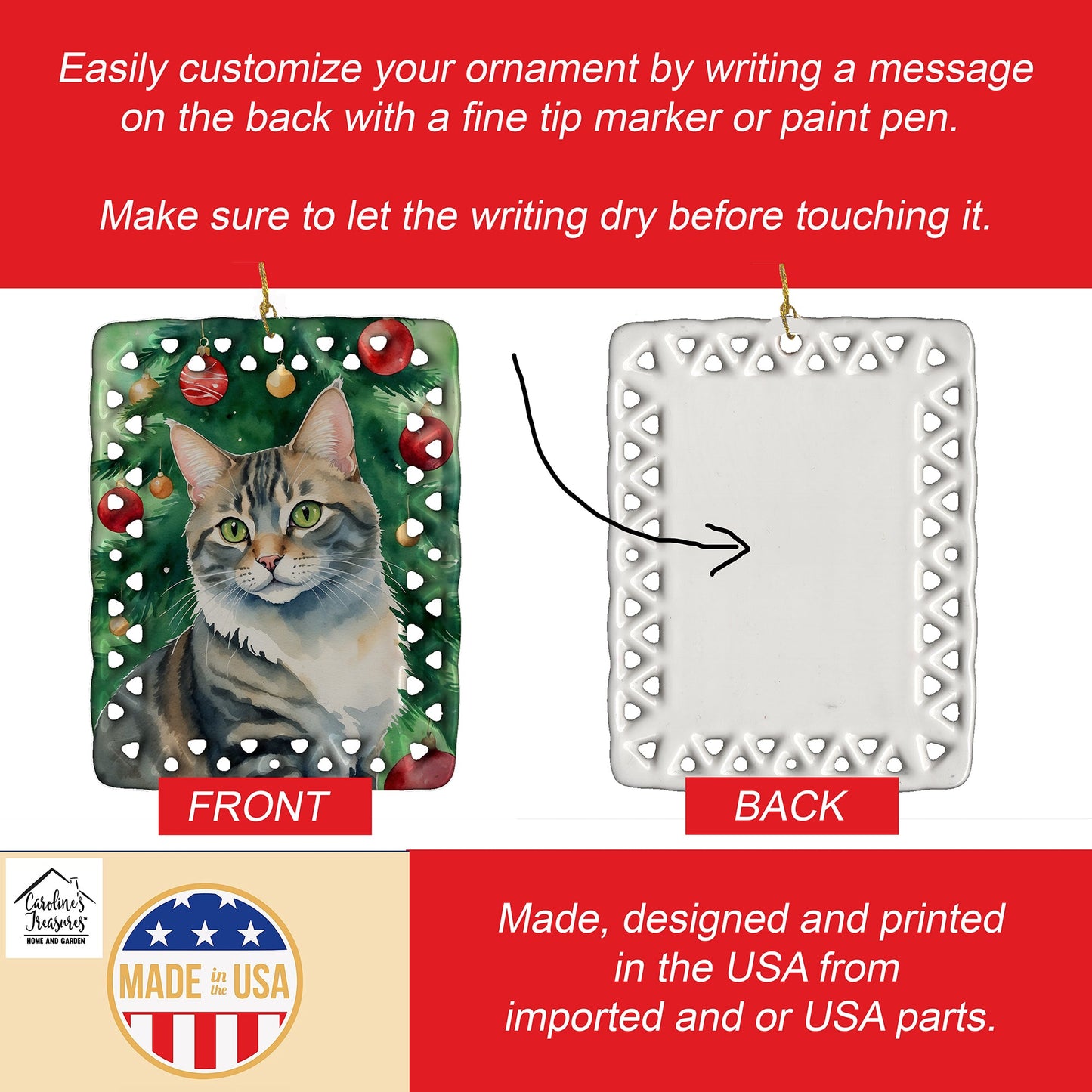 American Bobtail Cat By the Christmas Tree Porcelain Ornament