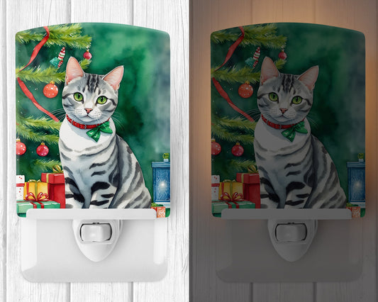 American Shorthair Cat By the Christmas Tree Ceramic Night Light