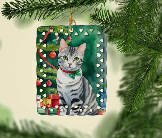 American Shorthair Cat By the Christmas Tree Porcelain Ornament