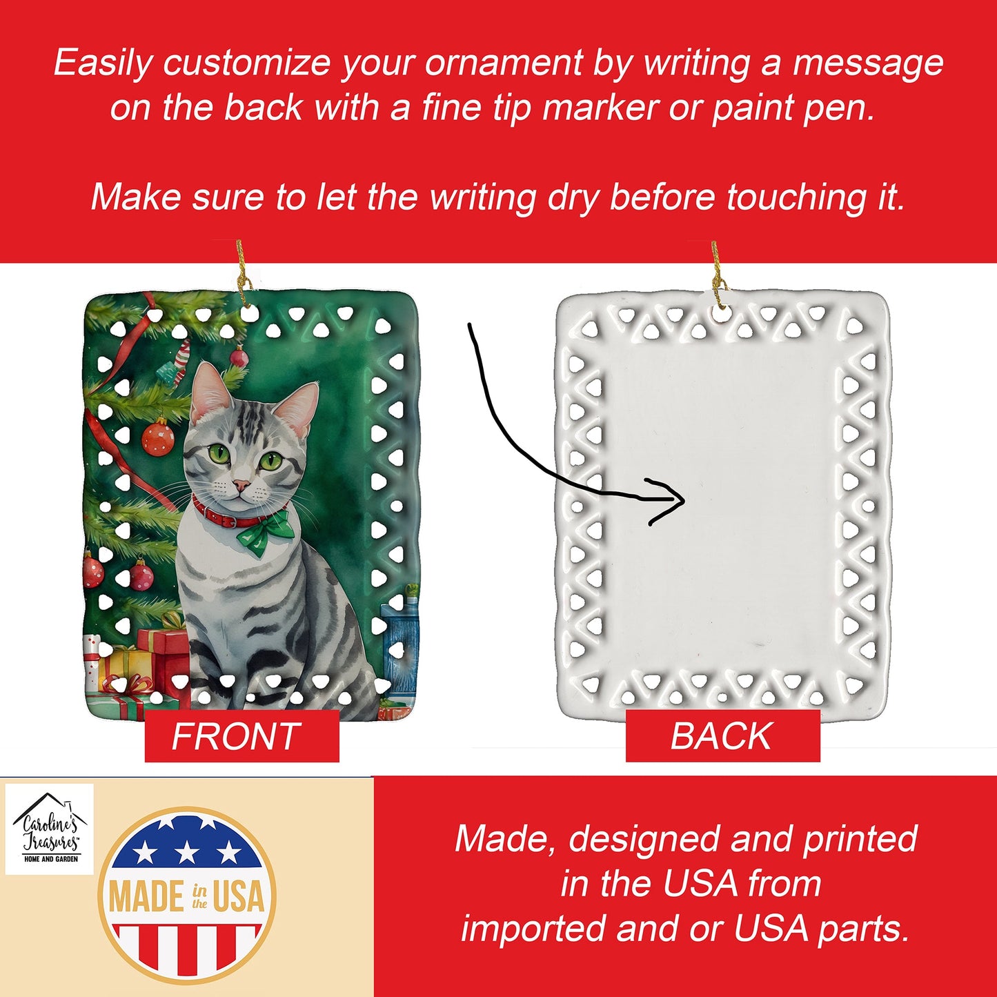 American Shorthair Cat By the Christmas Tree Porcelain Ornament