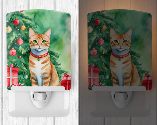 Arabian Mau Cat By the Christmas Tree Ceramic Night Light