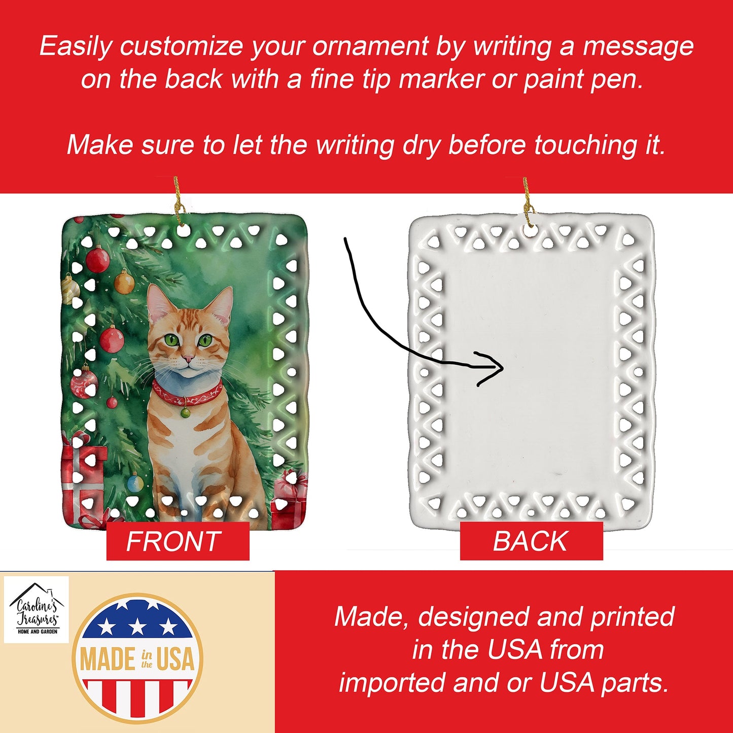 Arabian Mau Cat By the Christmas Tree Porcelain Ornament