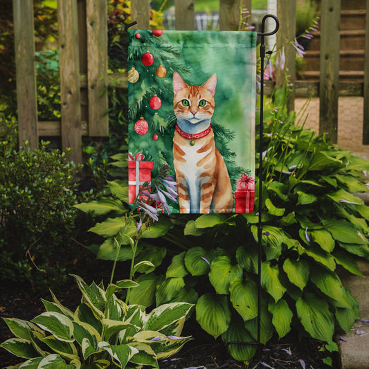 Arabian Mau Christmas Garden Flag - Cat by the Christmas Tree - Cat-Themed Holiday Yard Decor