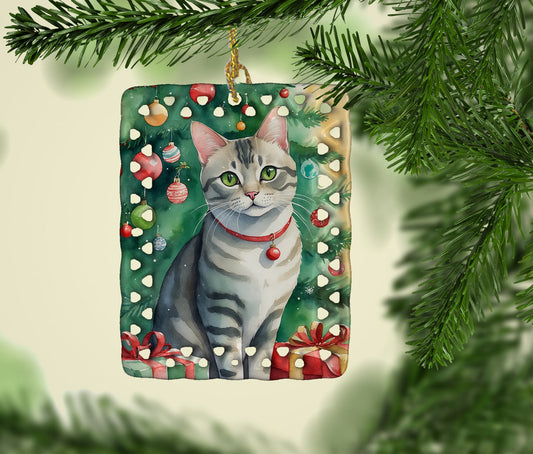Asian Cat By the Christmas Tree Porcelain Ornament