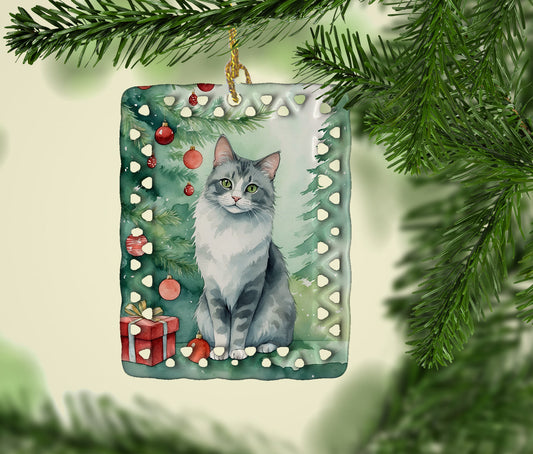 Australian Mist Cat By the Christmas Tree Porcelain Ornament