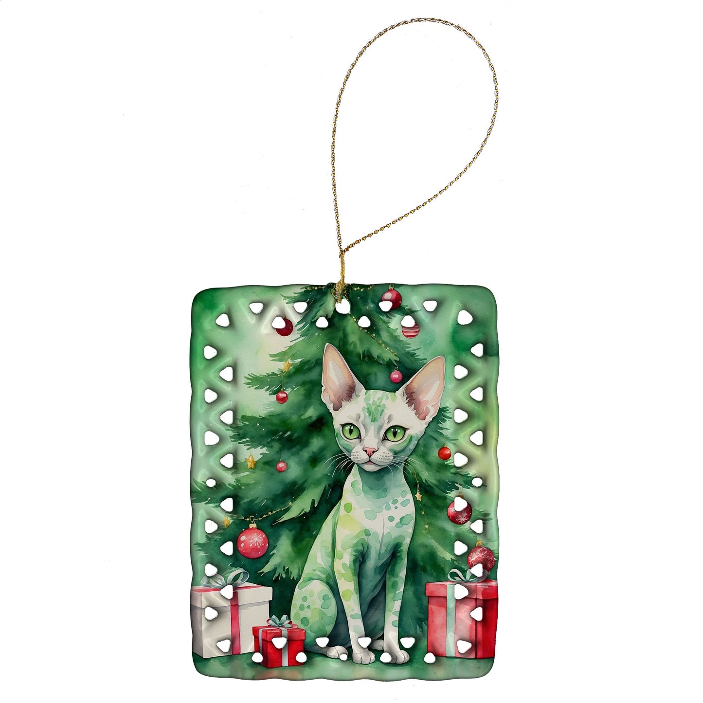 Devon Rex Cat By the Christmas Tree Porcelain Ornament