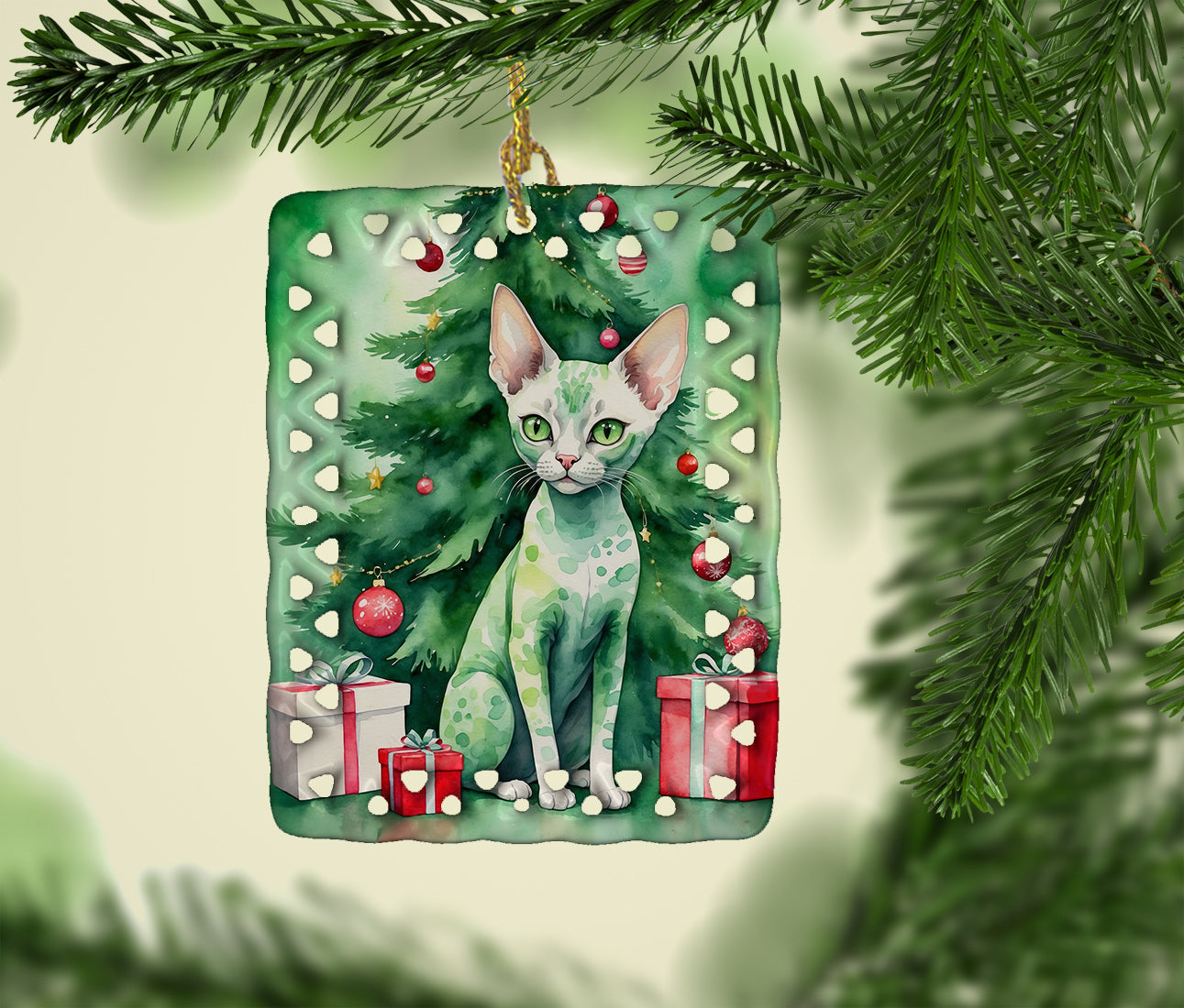 Devon Rex Cat By the Christmas Tree Porcelain Ornament