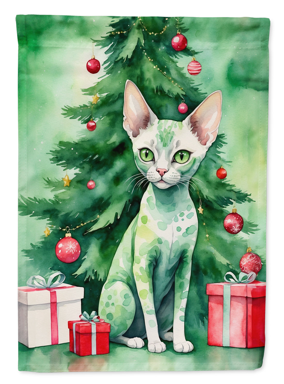 Devon Rex Christmas Garden Flag - Cat by the Christmas Tree - Cat-Themed Holiday Yard Decor