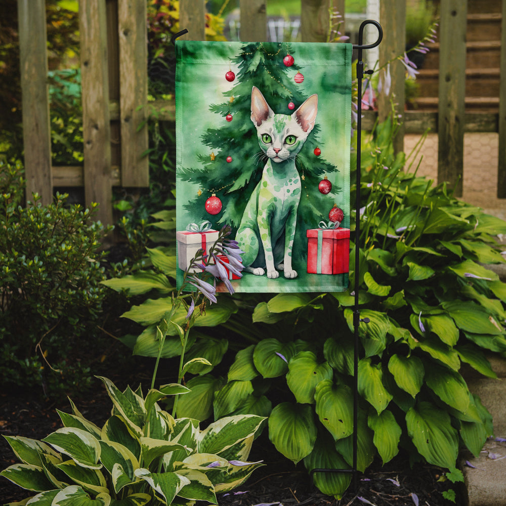 Devon Rex Christmas Garden Flag - Cat by the Christmas Tree - Cat-Themed Holiday Yard Decor