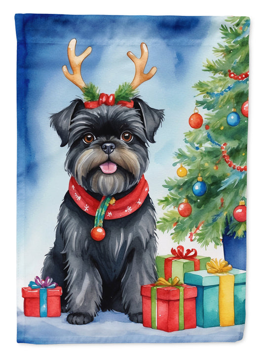 Affenpinscher Christmas Garden Flag – Dog in Reindeer Antlers with Tree & Gifts