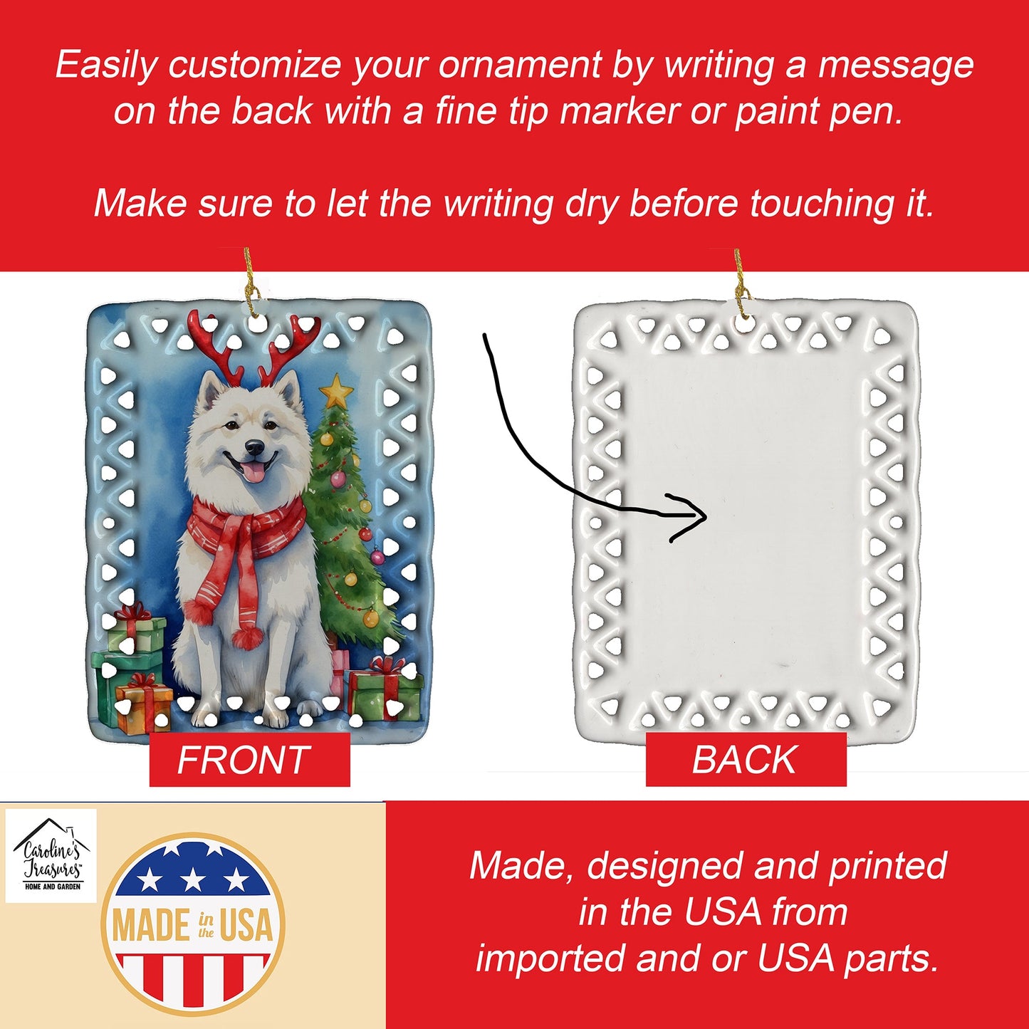 American Eskimo Christmas Reindeer Porcelain Ornament