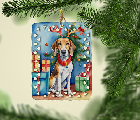 American Foxhound Christmas Reindeer Porcelain Ornament
