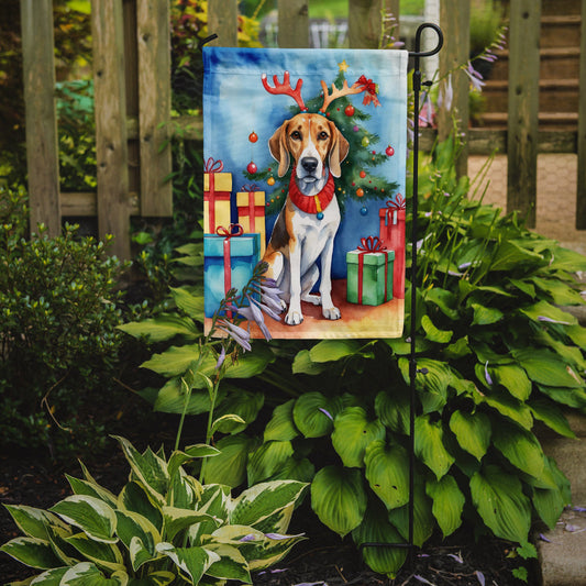 American Foxhound Christmas Garden Flag – Dog in Reindeer Antlers with Tree & Gifts
