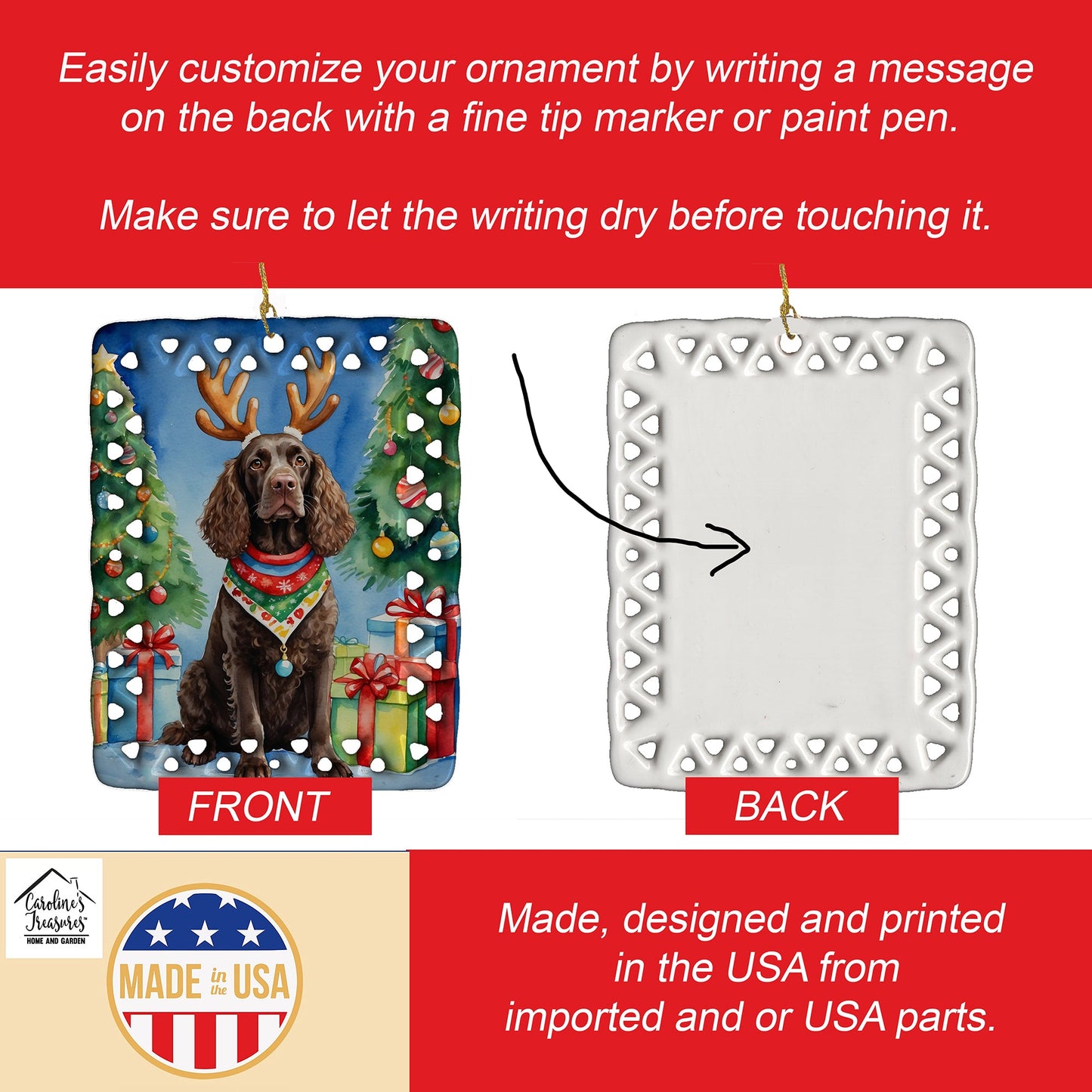 American Water Spaniel Christmas Reindeer Porcelain Ornament