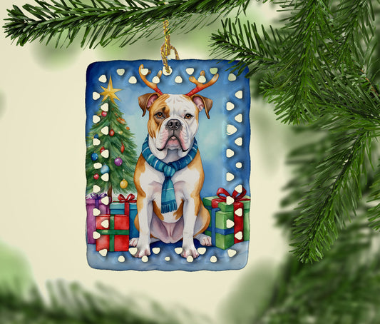 American Bulldog Christmas Reindeer Porcelain Ornament