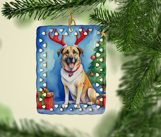 Anatolian Shepherd Dog Christmas Reindeer Porcelain Ornament