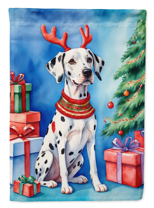 Dalmatian Christmas Garden Flag – Dog in Reindeer Antlers with Tree & Gifts