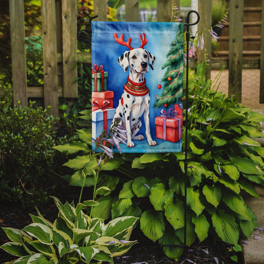 Dalmatian Christmas Garden Flag – Dog in Reindeer Antlers with Tree & Gifts