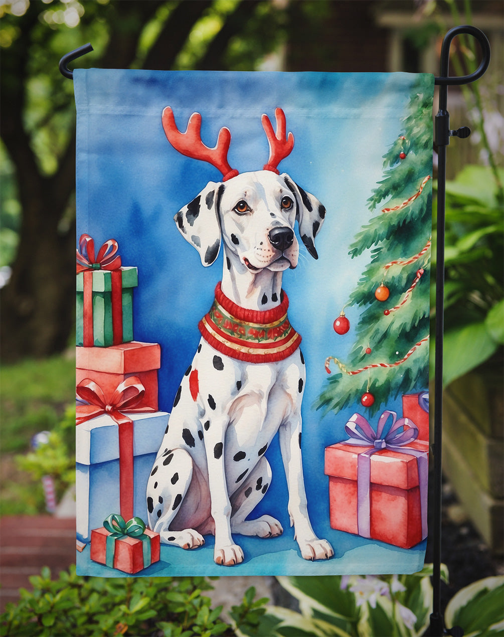 Dalmatian Christmas Garden Flag – Dog in Reindeer Antlers with Tree & Gifts