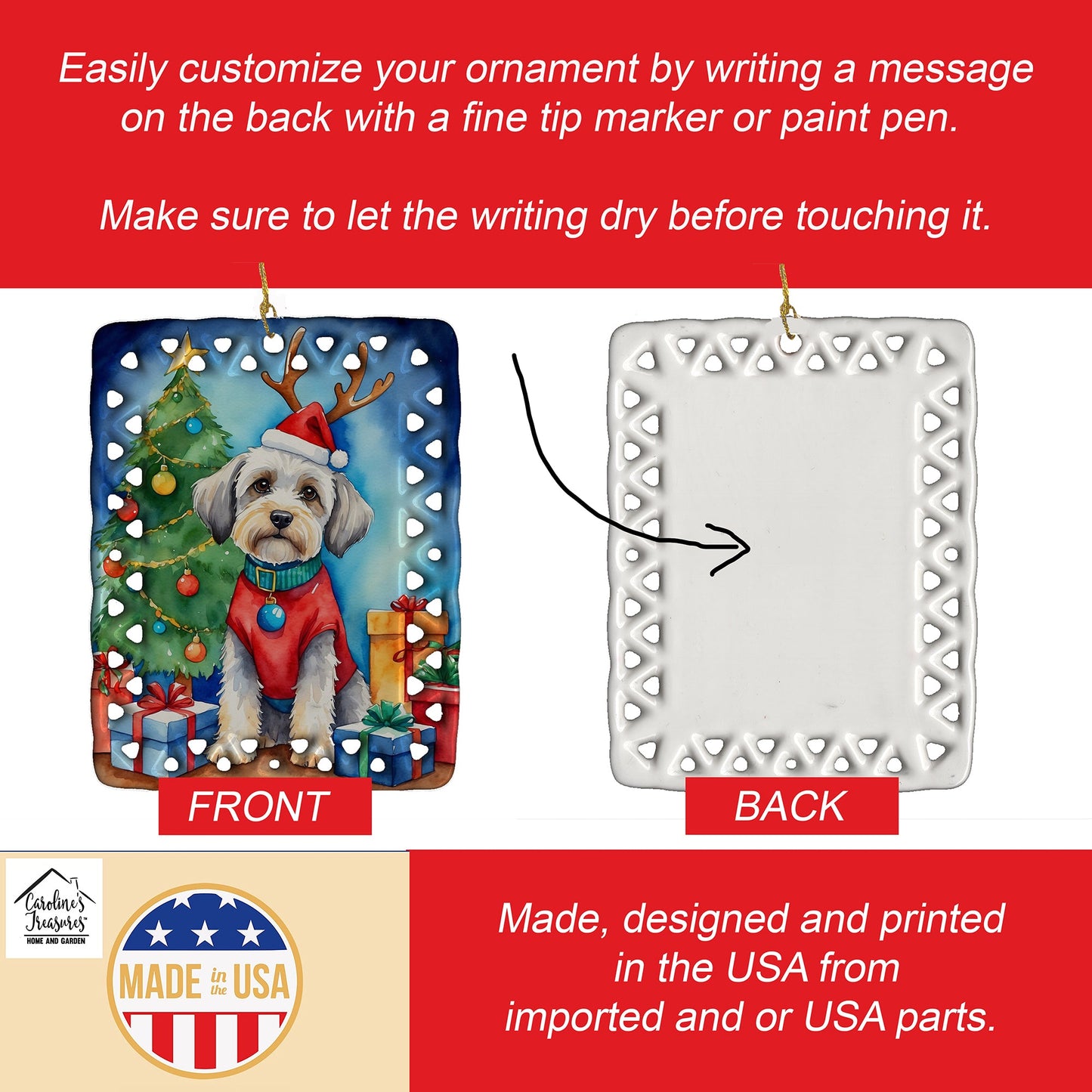 Dandie Dinmont Terrier Christmas Reindeer Porcelain Ornament