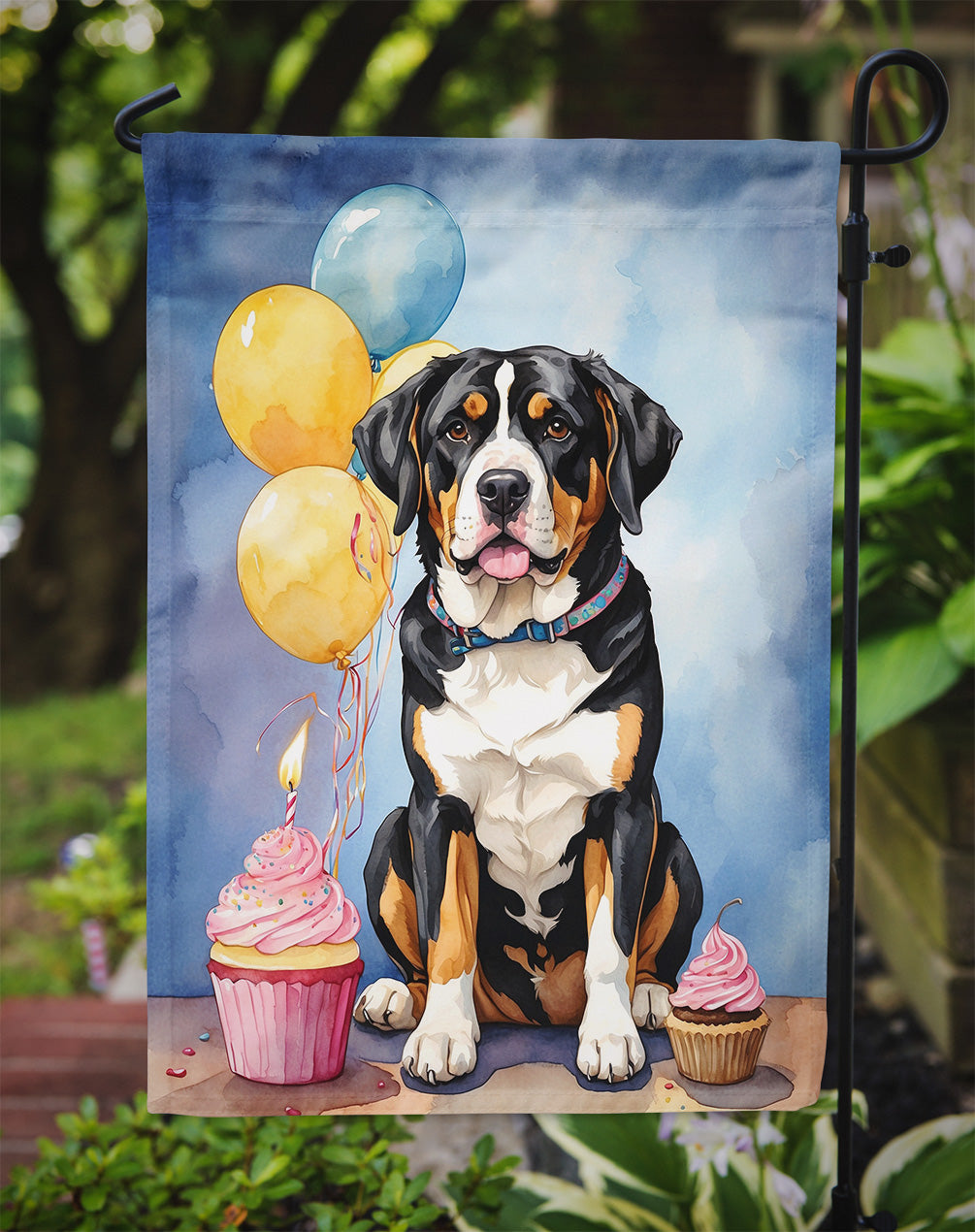 Greater Swiss Mountain Dog Happy Birthday Garden Flag –  Garden Flag by Caroline's Treasures