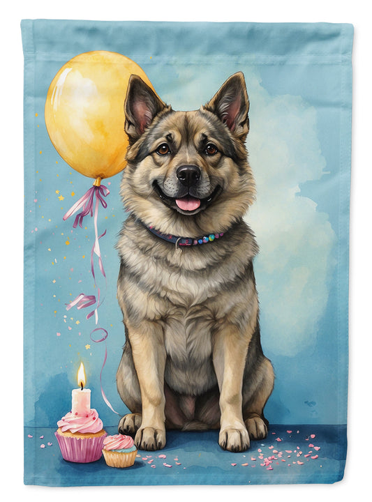 Norwegian Elkhound Happy Birthday Garden Flag – Dog Birthday Cupcake Yard Decor with Balloons