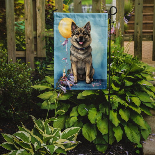 Norwegian Elkhound Happy Birthday Garden Flag – Dog Birthday Cupcake Yard Decor with Balloons