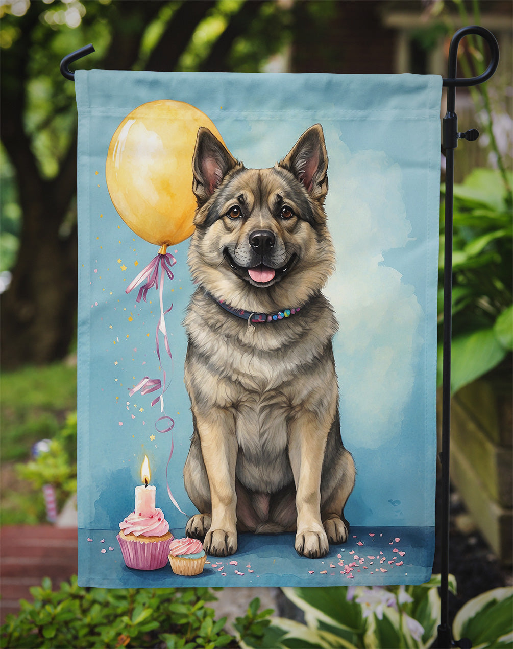 Norwegian Elkhound Happy Birthday Garden Flag – Dog Birthday Cupcake Yard Decor with Balloons