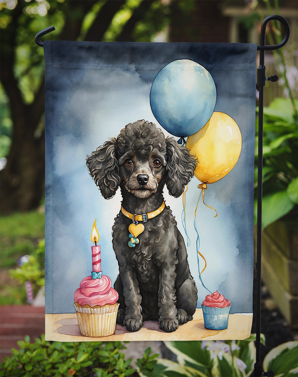 Black Toy Poodle Happy Birthday Garden Flag – Dog Birthday Cupcake Yard Decor with Balloons