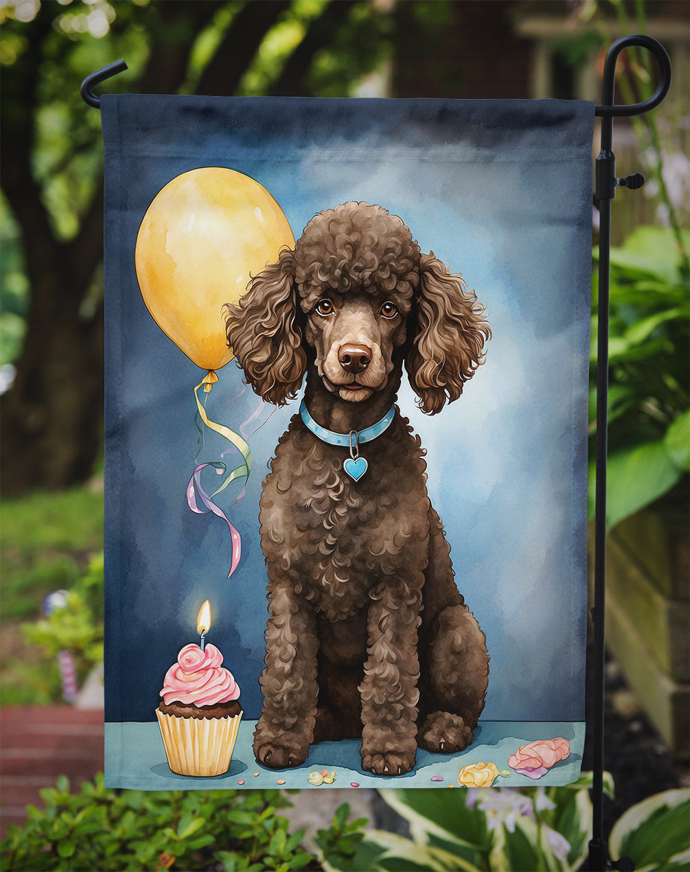 Chocolate Standard Poodle Happy Birthday Garden Flag – Dog Birthday Cupcake Yard Decor with Balloons
