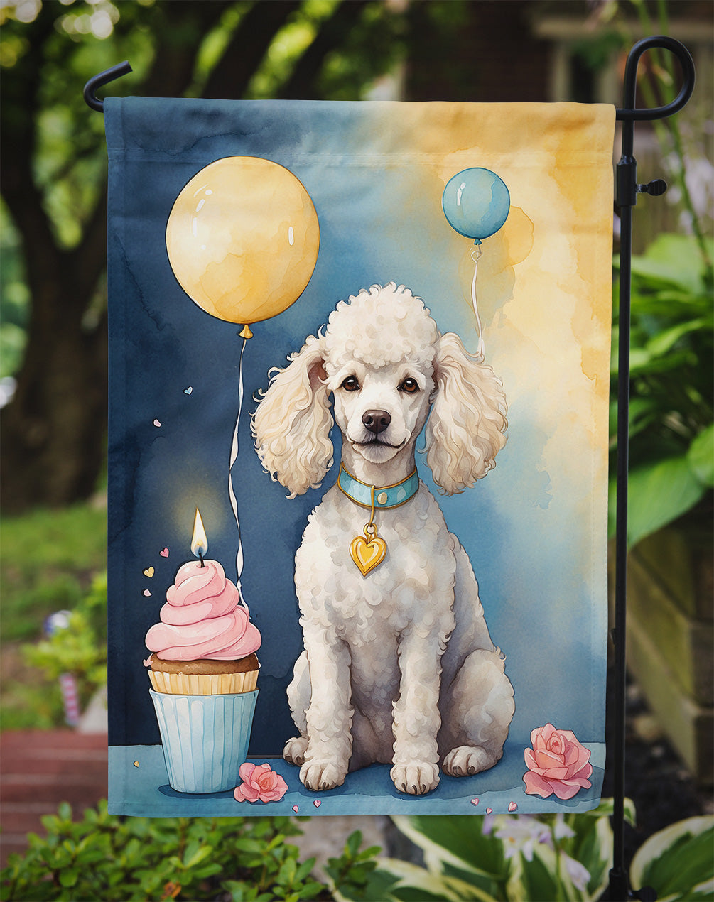 White Poodle Happy Birthday Garden Flag –  Garden Flag by Caroline's Treasures