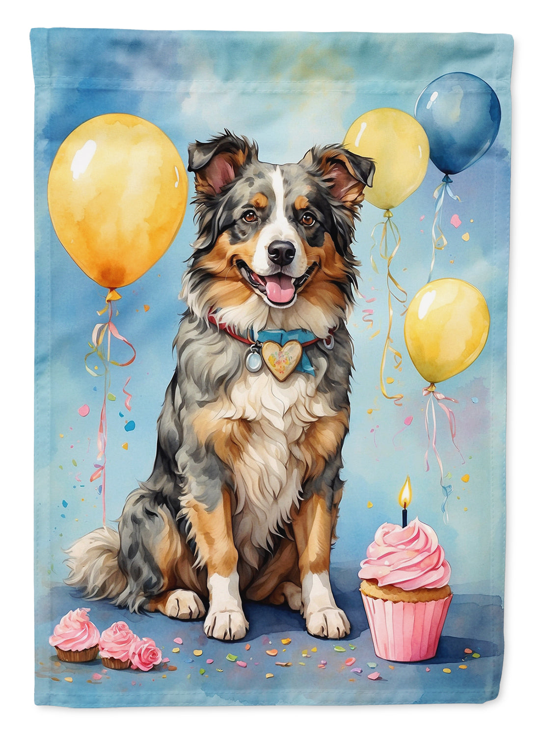 Australian Shepherd Happy Birthday Garden Flag – Dog Birthday Cupcake Yard Decor with Balloons