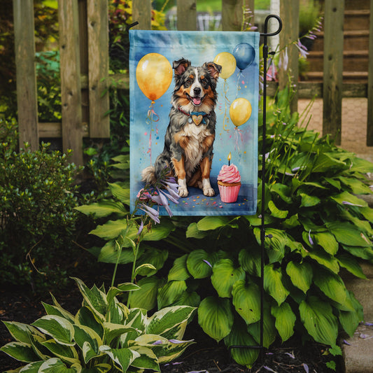 Australian Shepherd Happy Birthday Garden Flag – Dog Birthday Cupcake Yard Decor with Balloons