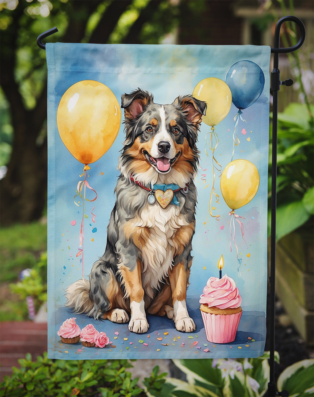 Australian Shepherd Happy Birthday Garden Flag – Dog Birthday Cupcake Yard Decor with Balloons