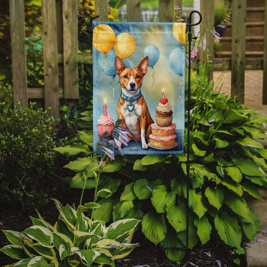 Basenji Happy Birthday Garden Flag – Dog Birthday Cupcake Yard Decor with Balloons