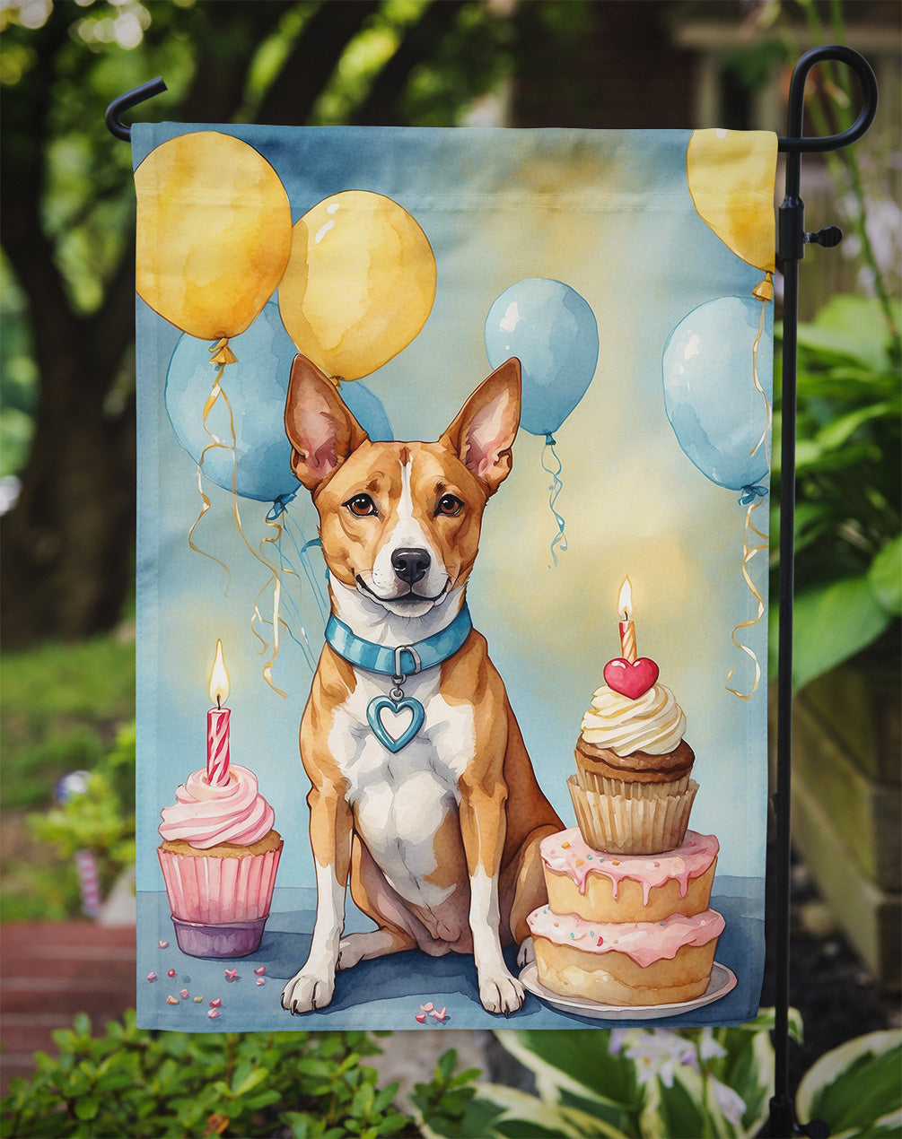 Basenji Happy Birthday Garden Flag – Dog Birthday Cupcake Yard Decor with Balloons