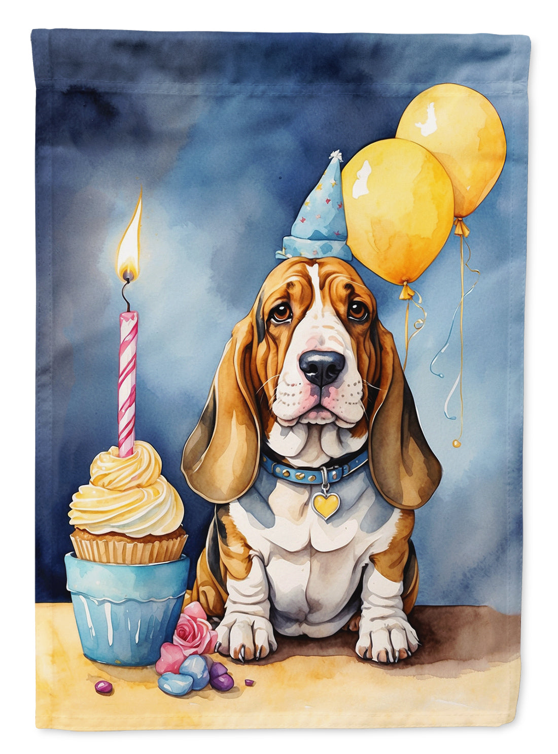 Basset Hound Happy Birthday Garden Flag – Dog Birthday Cupcake Yard Decor with Balloons