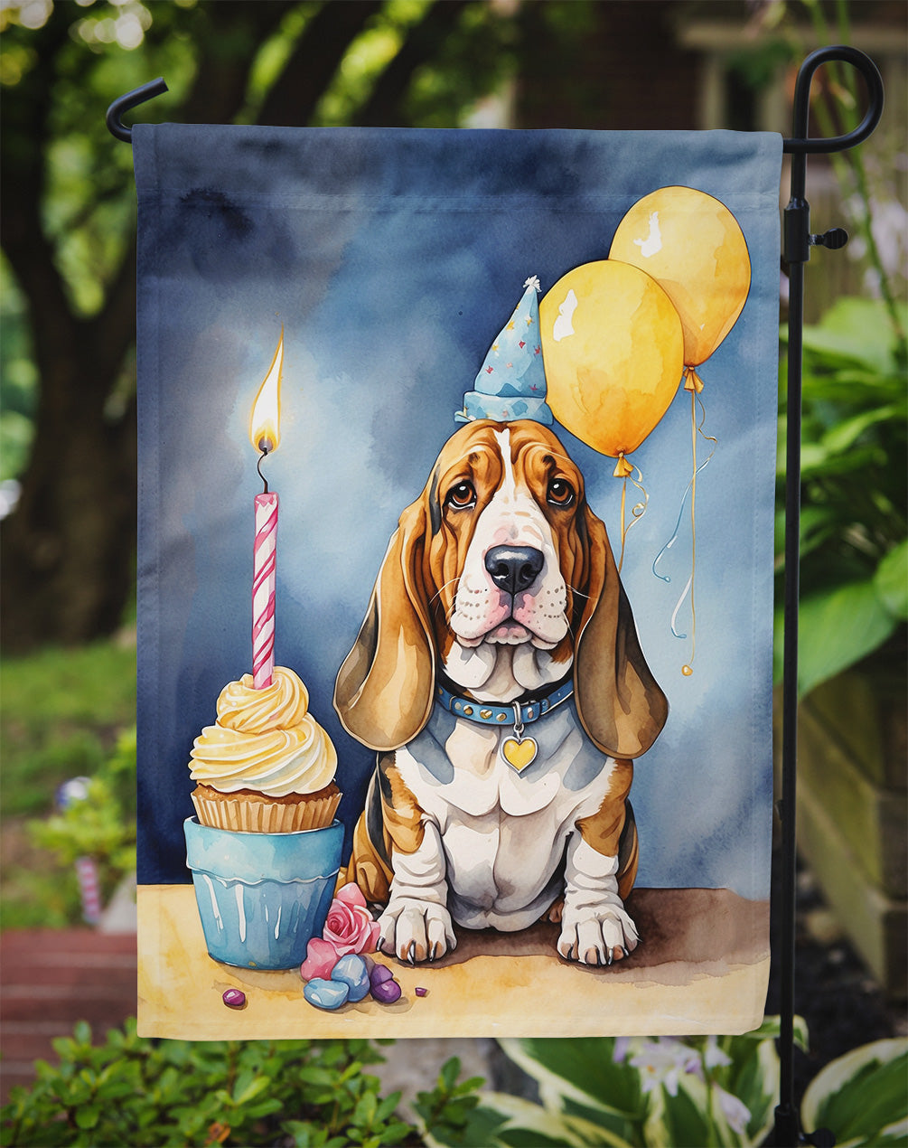 Basset Hound Happy Birthday Garden Flag – Dog Birthday Cupcake Yard Decor with Balloons