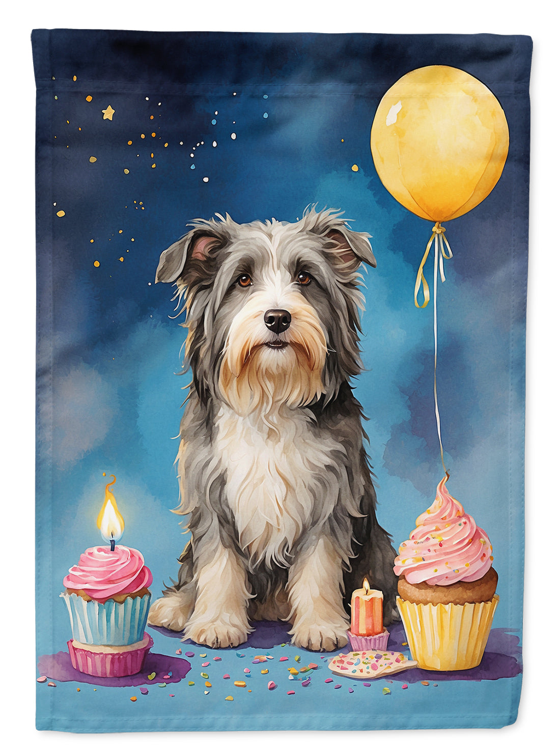Bearded Collie Happy Birthday Garden Flag –Dog Birthday Cupcake Yard Decor with Balloons
