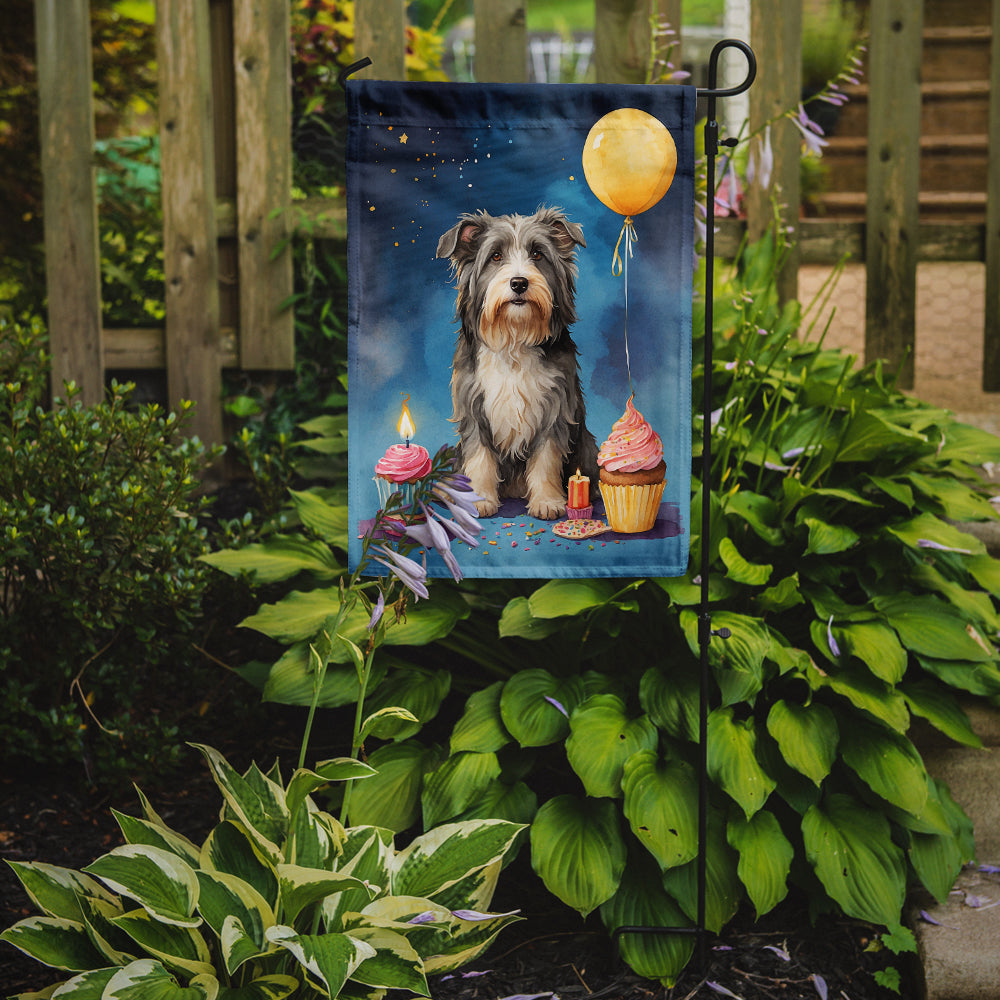 Bearded Collie Happy Birthday Garden Flag –Dog Birthday Cupcake Yard Decor with Balloons
