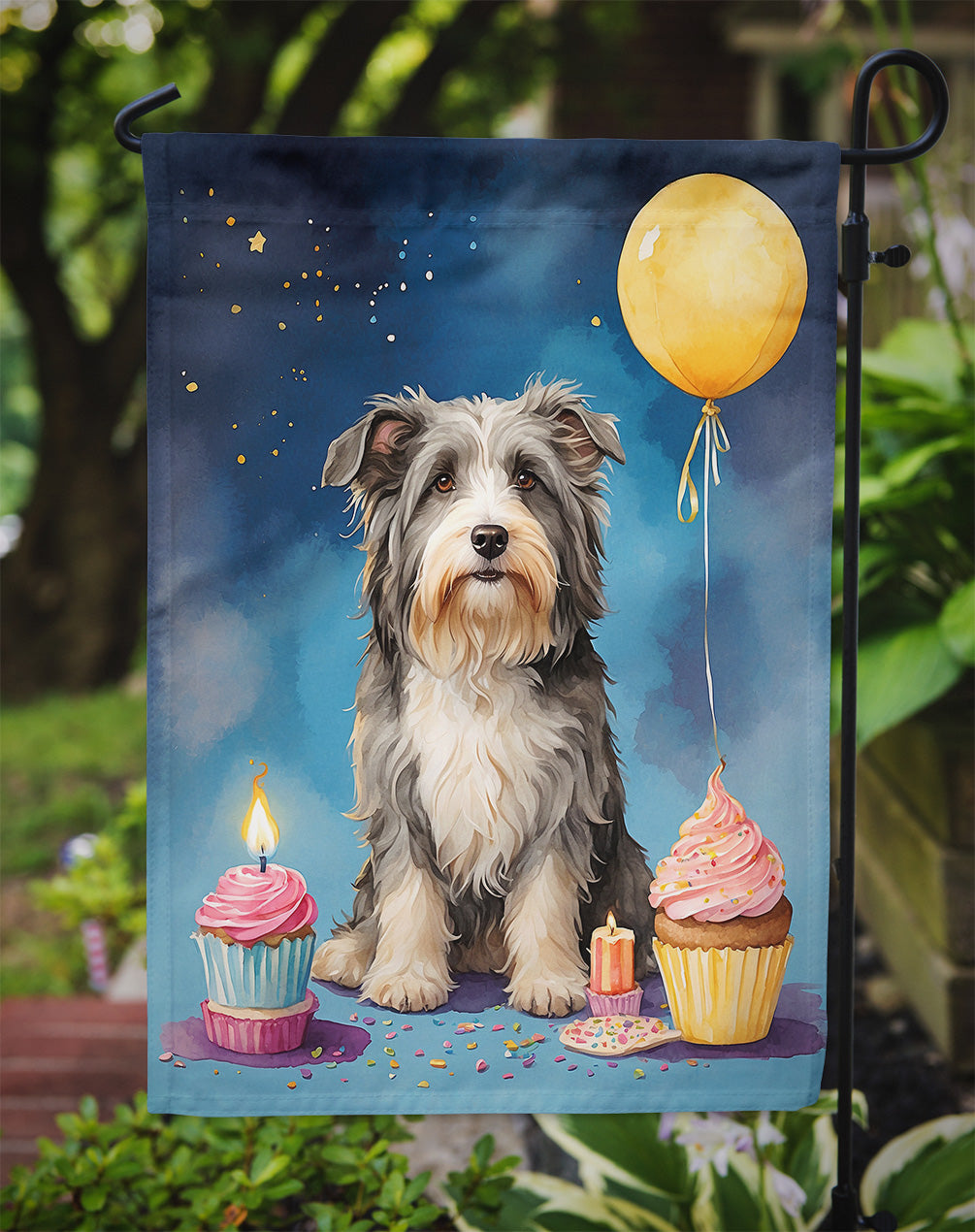 Bearded Collie Happy Birthday Garden Flag –Dog Birthday Cupcake Yard Decor with Balloons