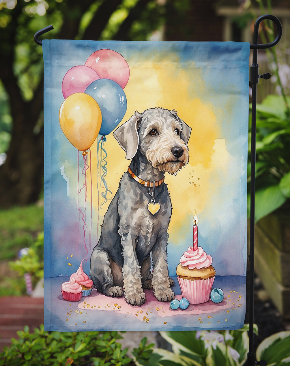 Bedlington Terrier Happy Birthday Garden Flag –Dog Birthday Cupcake Yard Decor with Balloons