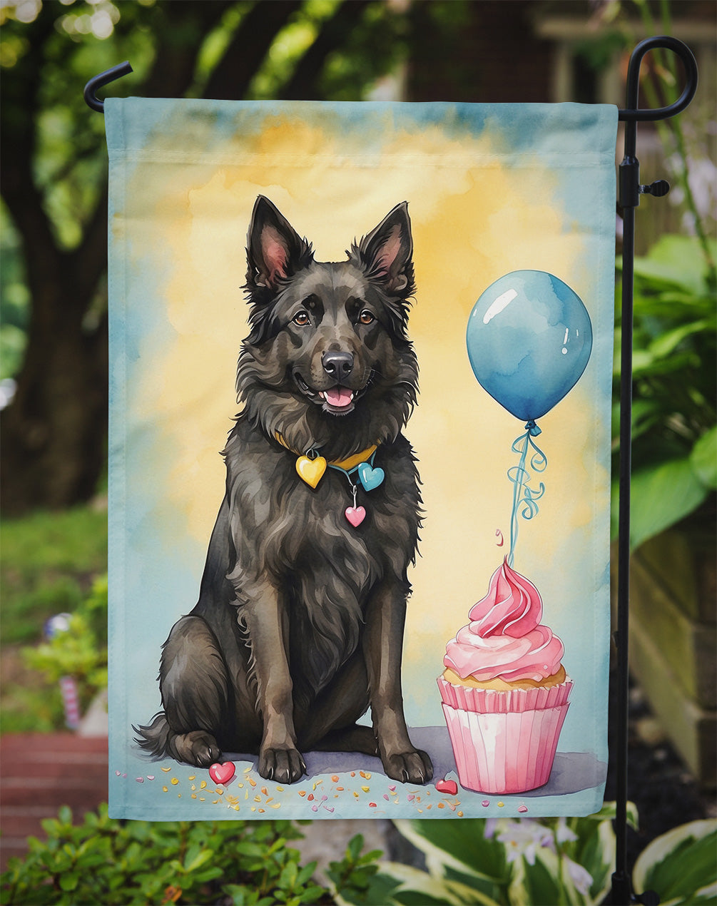 Belgian Sheepdog Happy Birthday Garden Flag –Dog Birthday Cupcake Yard Decor with Balloons