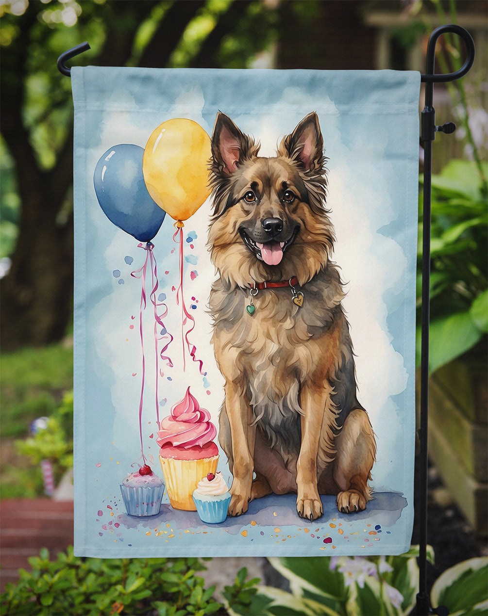 Belgian Tervuren Happy Birthday Garden Flag –Dog Birthday Cupcake Yard Decor with Balloons