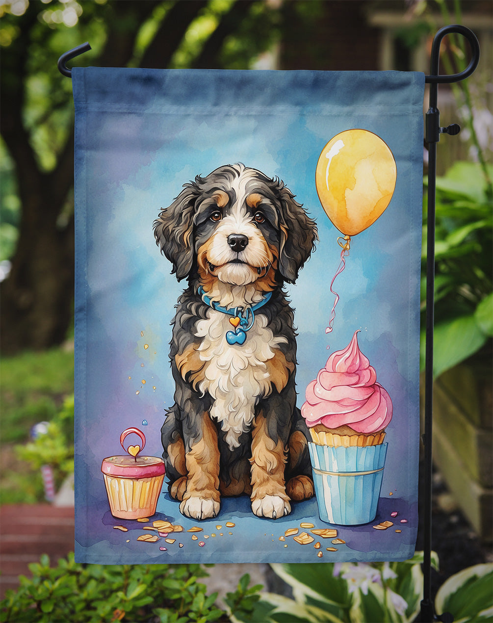 Bernedoodle Happy Birthday Garden Flag –Dog Birthday Cupcake Yard Decor with Balloons