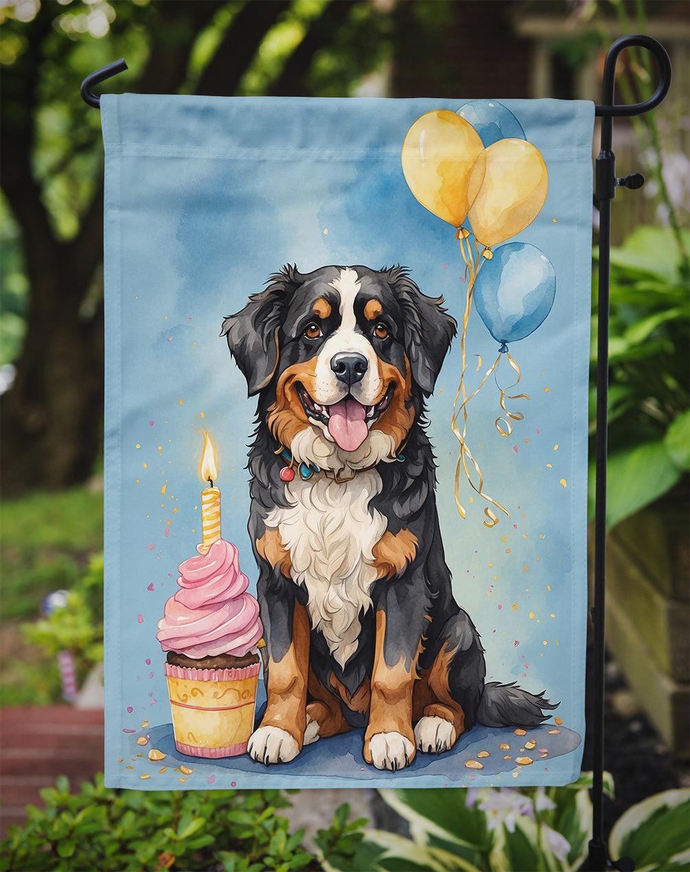 Bernese Mountain Dog Happy Birthday Garden Flag –Dog Birthday Cupcake Yard Decor with Balloons