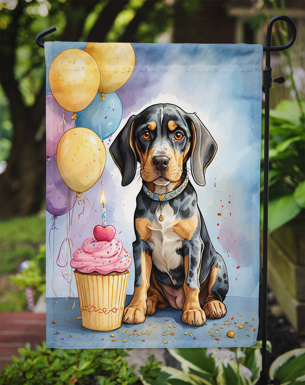 Bluetick Coonhound Happy Birthday Garden Flag –Dog Birthday Cupcake Yard Decor with Balloons